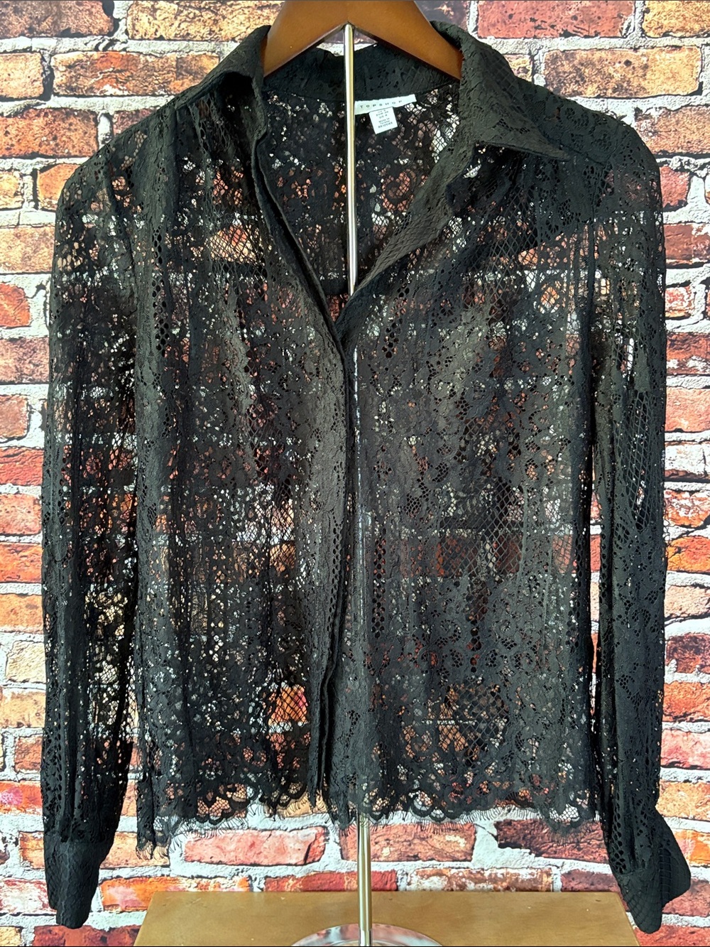 Topshop Black Sheer Lace Button-Down Shirt